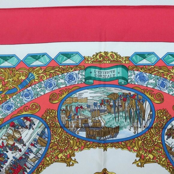 HERMES Carre 90 Scarf ""LENTENTE CORDIALE"" Silk Red White Auth - Picture 3 of 16